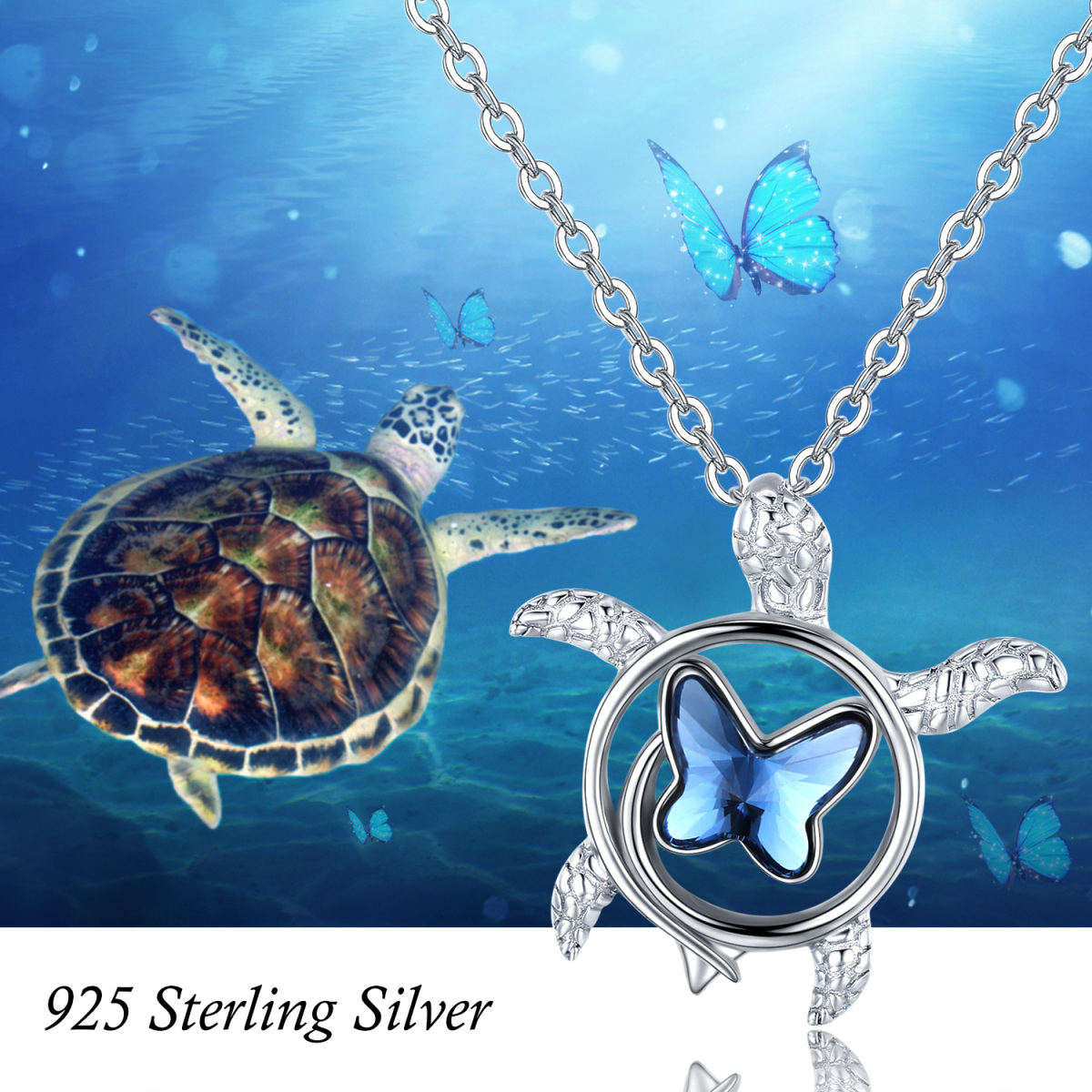 Collier en argent sterling avec pendentif papillon et tortue de mer en cristal-6