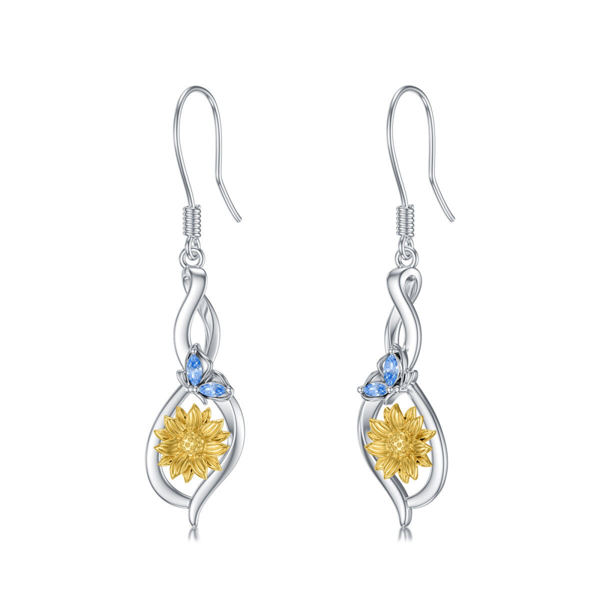 Sterling Silver Crystal Butterfly & Sunflower Drop Earrings-1