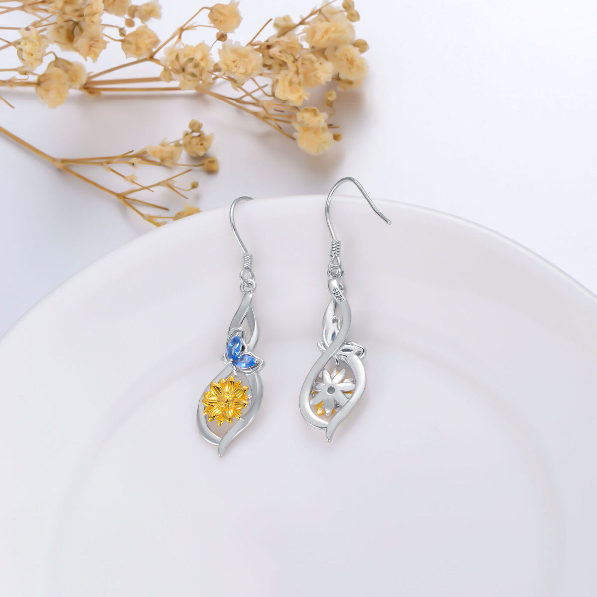 Sterling Silver Crystal Butterfly & Sunflower Drop Earrings-3