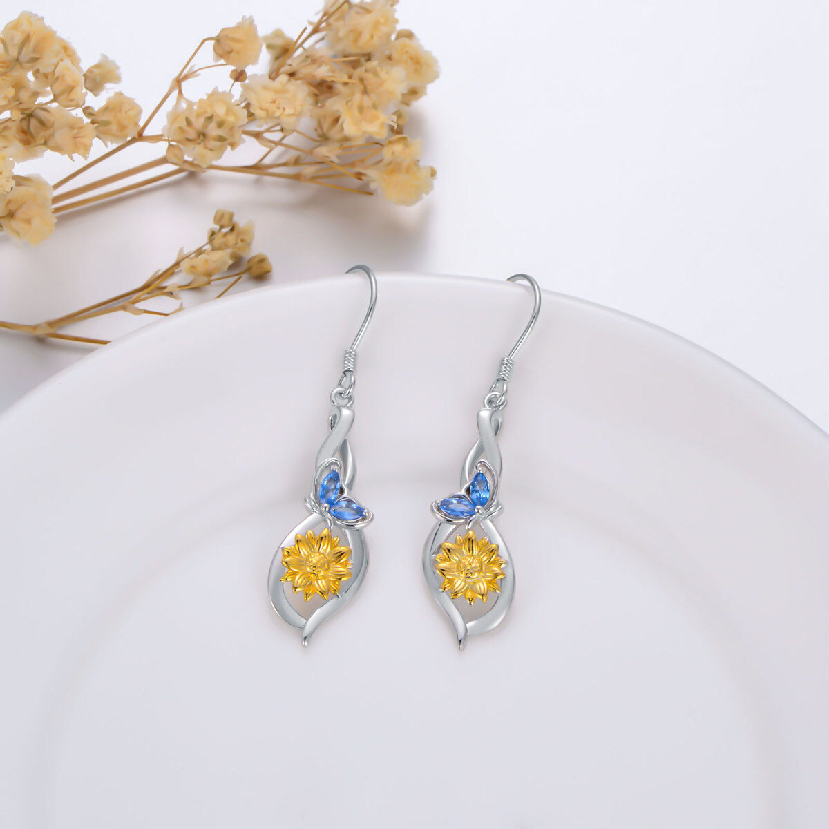 Sterling Silver Crystal Butterfly & Sunflower Drop Earrings-4