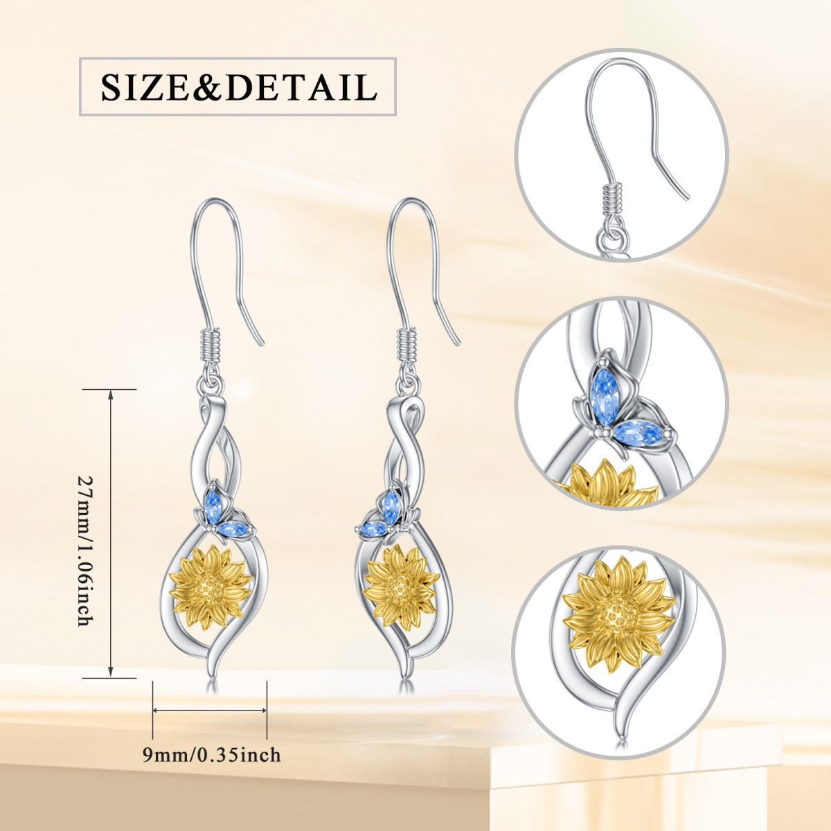 Pendants d'oreilles en argent sterling avec papillon et tournesol en cristal-5