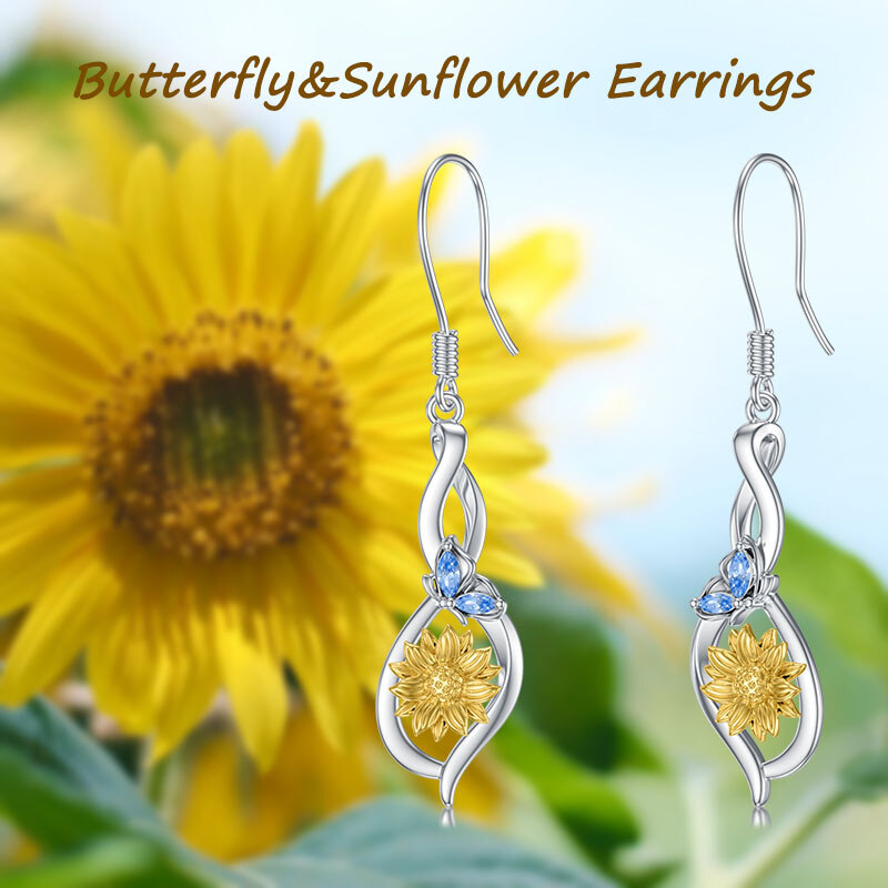 Pendants d'oreilles en argent sterling avec papillon et tournesol en cristal-6