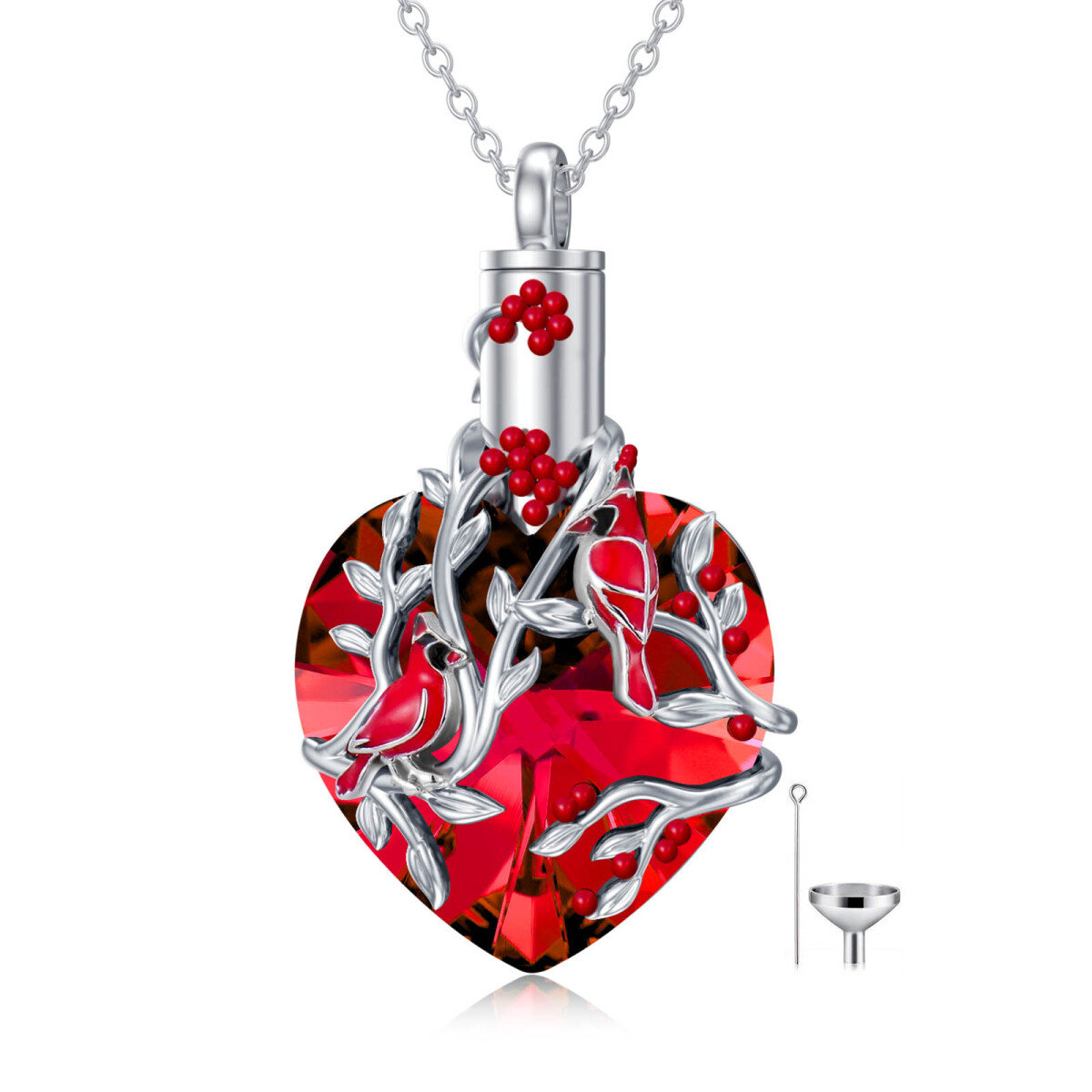 Collana con urna in cristallo d'argento con cardinale e cuore per le ceneri-1