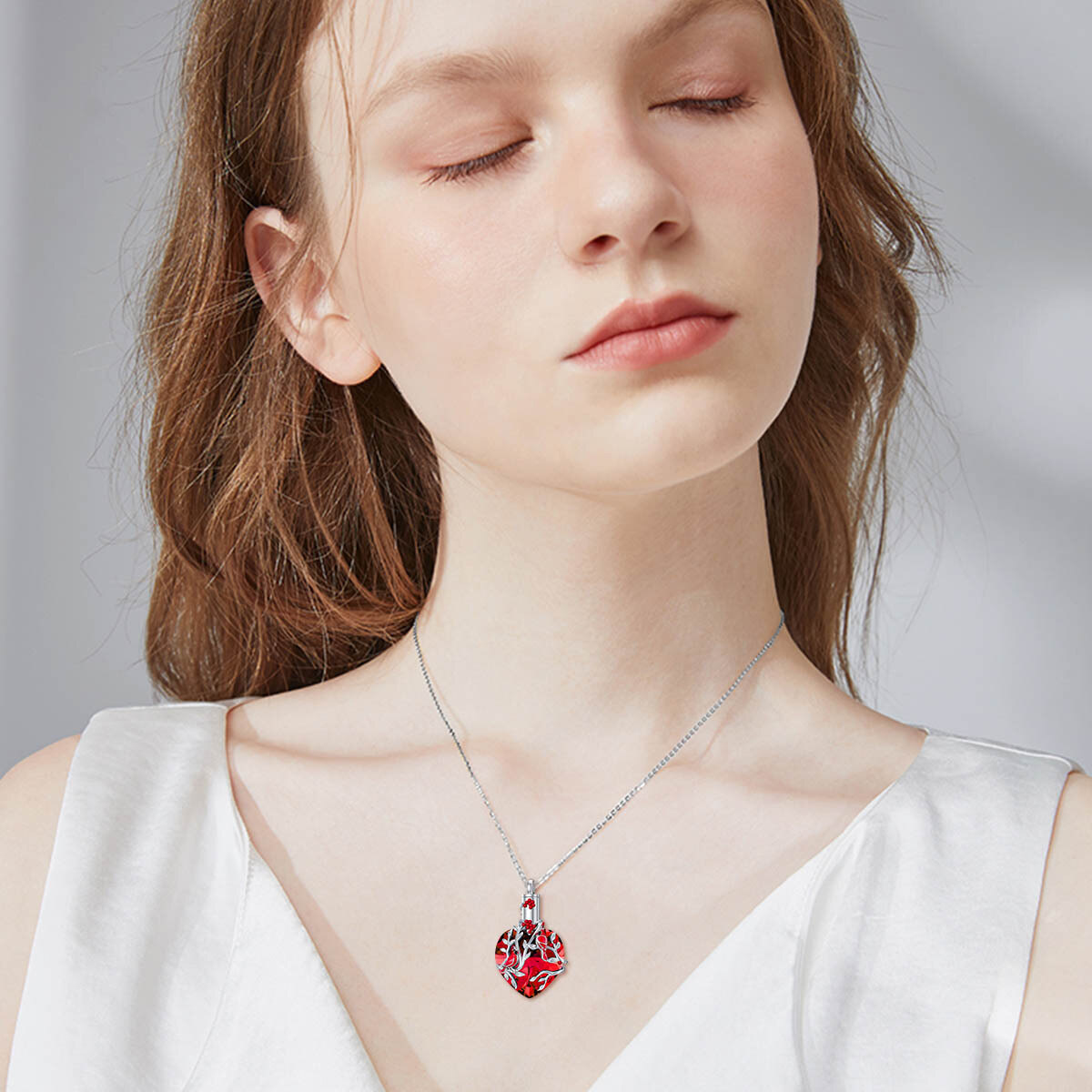 Collana con urna in cristallo d'argento con cardinale e cuore per le ceneri-2