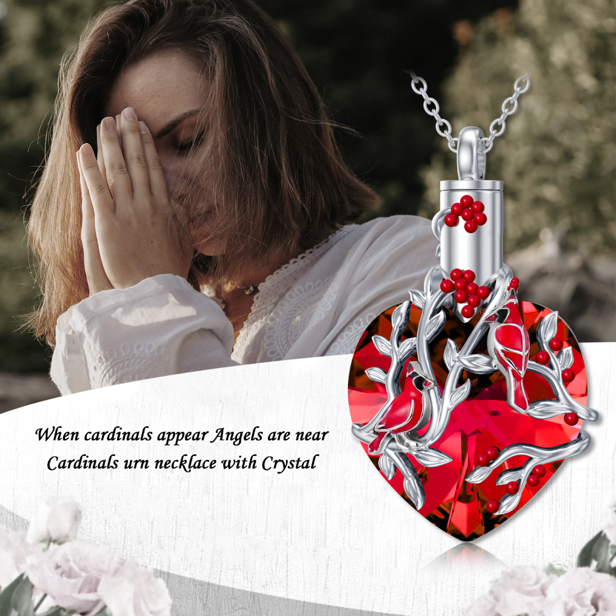 Collana con urna in cristallo d'argento con cardinale e cuore per le ceneri-3