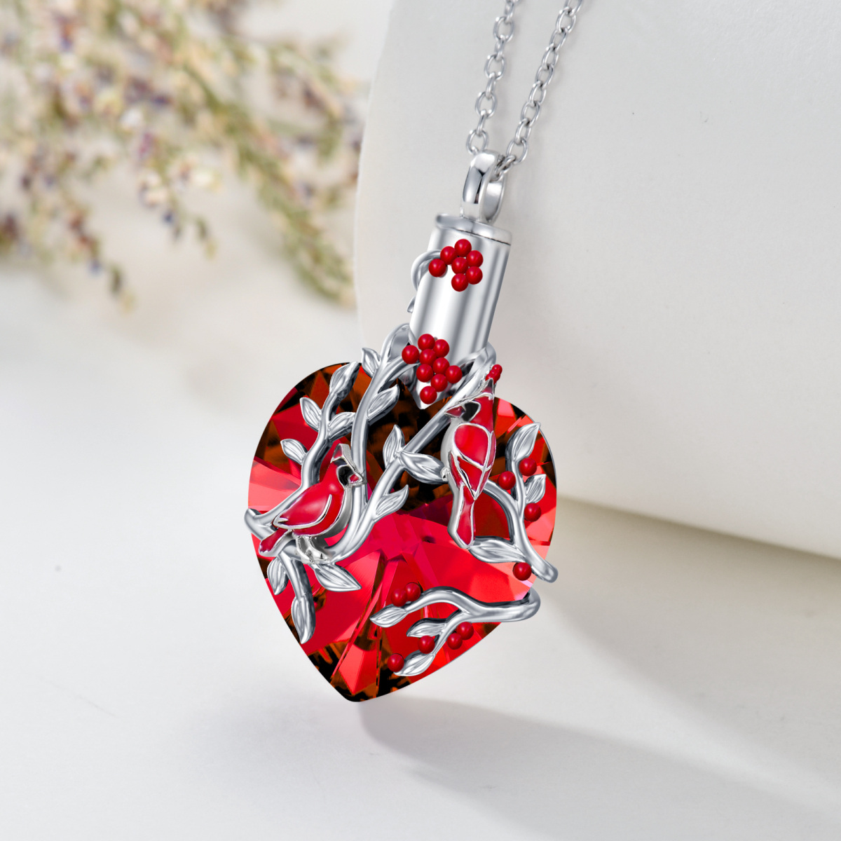 Collana con urna in cristallo d'argento con cardinale e cuore per le ceneri-4