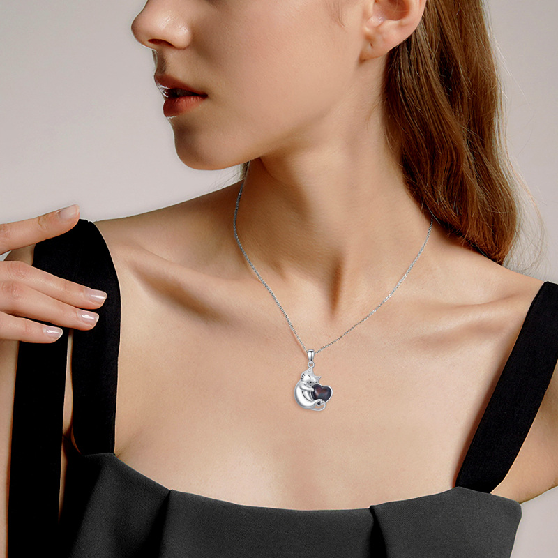 Sterling Silver Crystal Cat Pendant Necklace-2