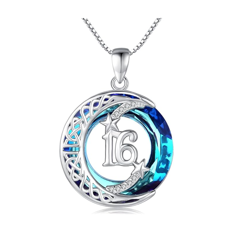 Collar con colgante personalizado de luna y estrella con nudo celta de cristal en plata esterlina para mujer-1