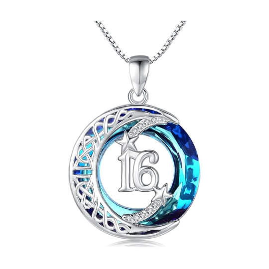 Collana con ciondolo personalizzato in cristallo d'argento con nodo celtico e luna e stell