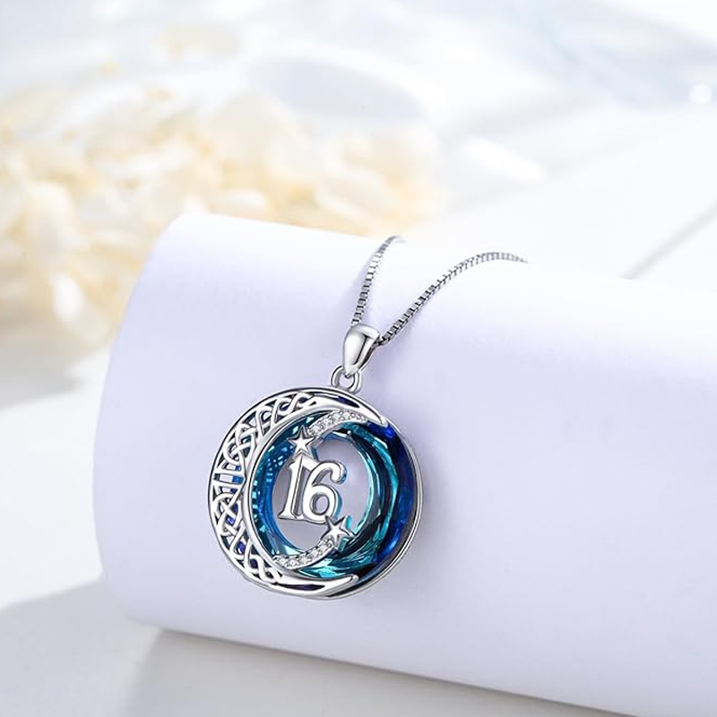 Sterling Silver Crystal Celtic Knot & Moon & Star Personalized Pendant Necklace for Women-3