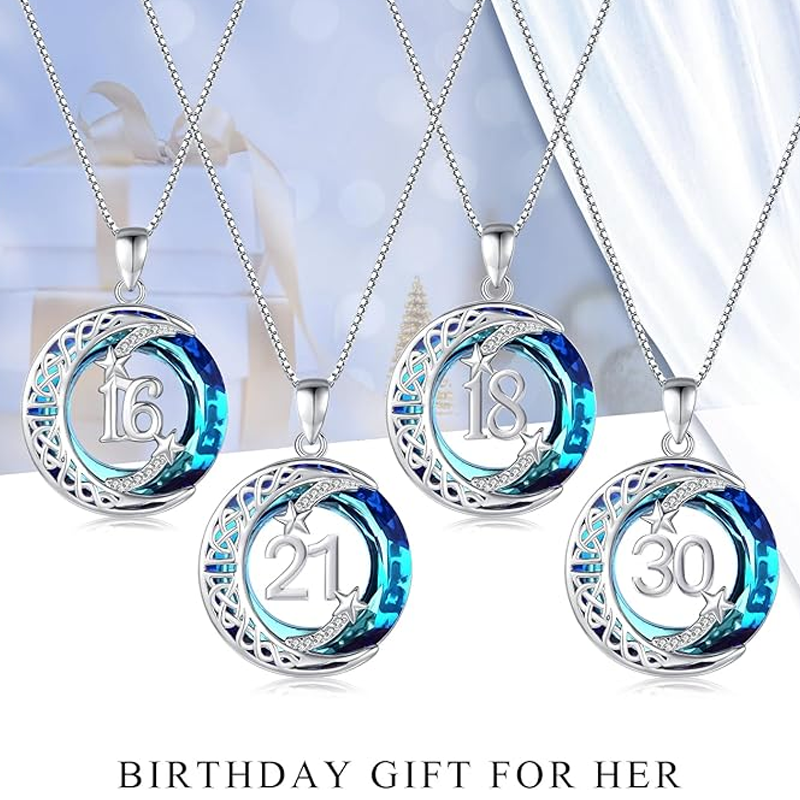 Collar con colgante personalizado de luna y estrella con nudo celta de cristal en plata esterlina para mujer-6