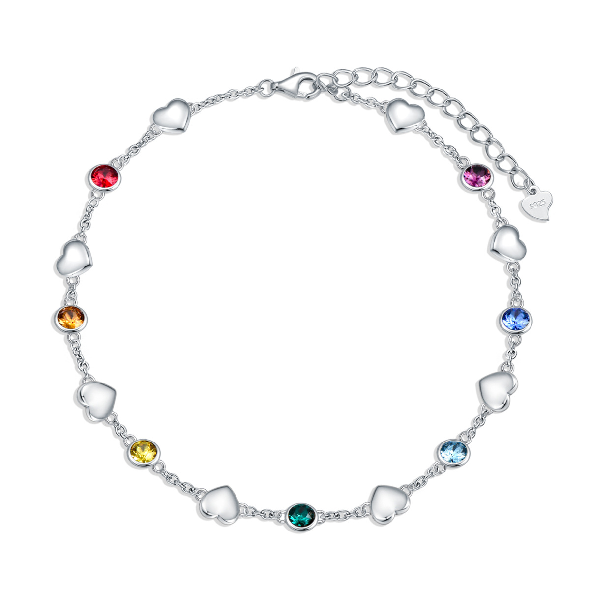 Tobillera de una sola capa con cristales y chakras en forma de corazón para mujeres y niñas en plata de ley-1