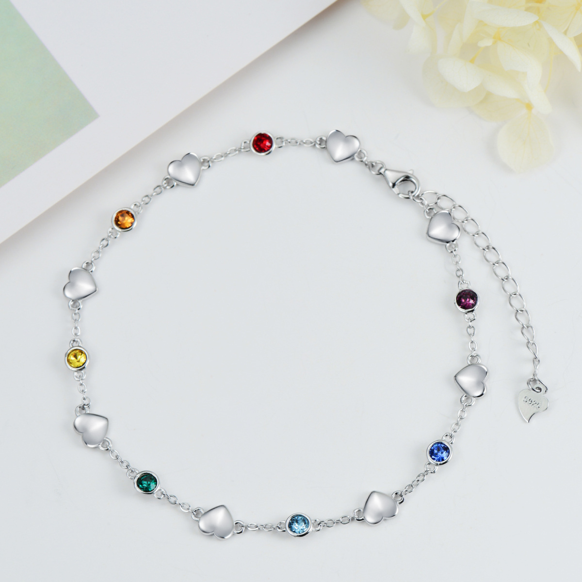 Tobillera de una sola capa con cristales y chakras en forma de corazón para mujeres y niñas en plata de ley-4