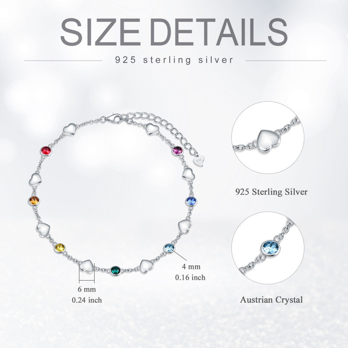 Bracelet de cheville simple couche en argent sterling avec cristaux chakras et cœur pour femmes et filles-5