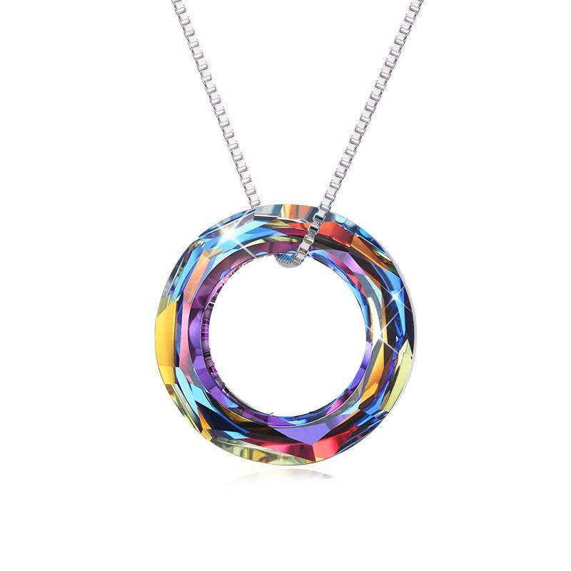 Sterling Silver Circle Crystal Pendant Necklace for Women-8