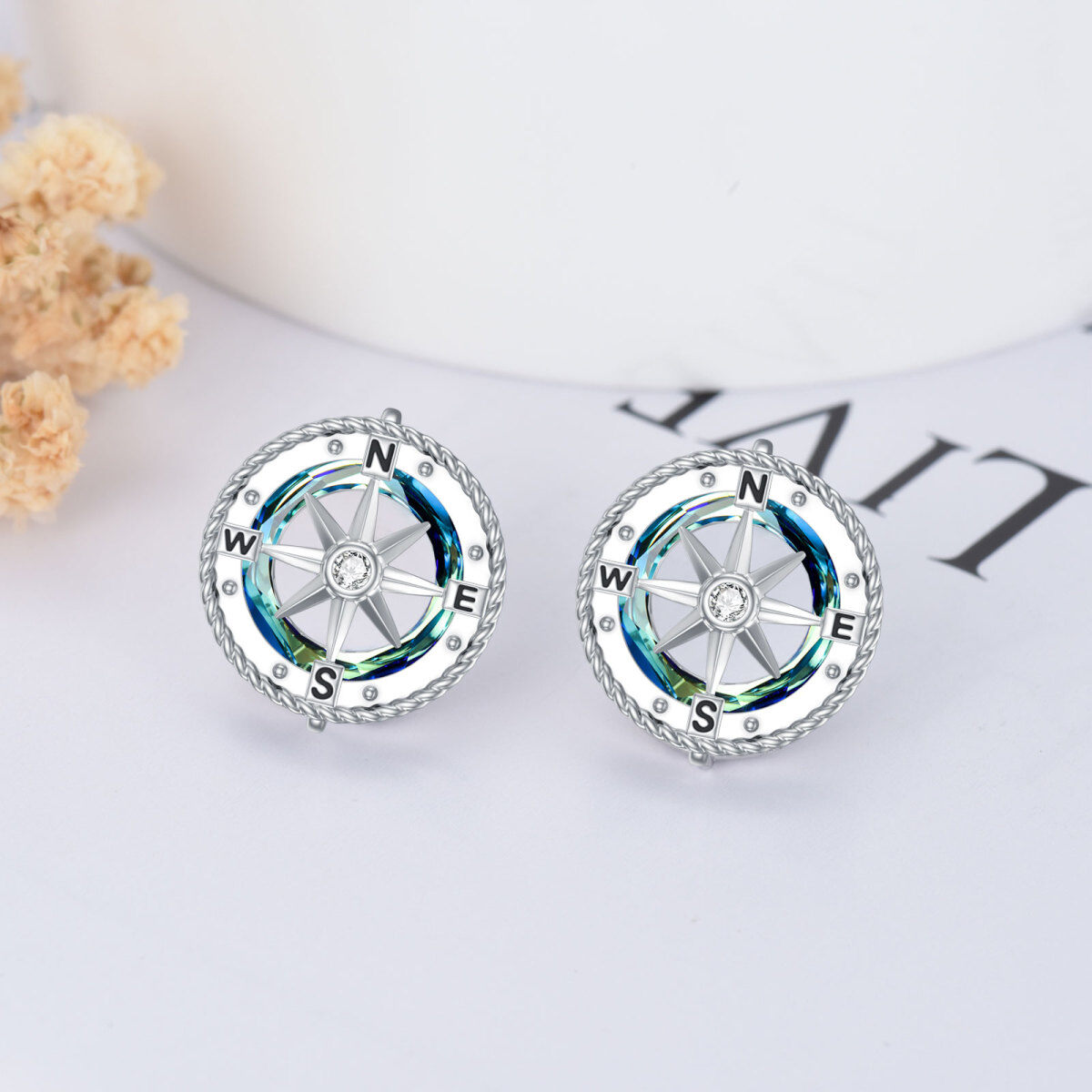 Sterling Silver Crystal Compass Stud Earrings-4