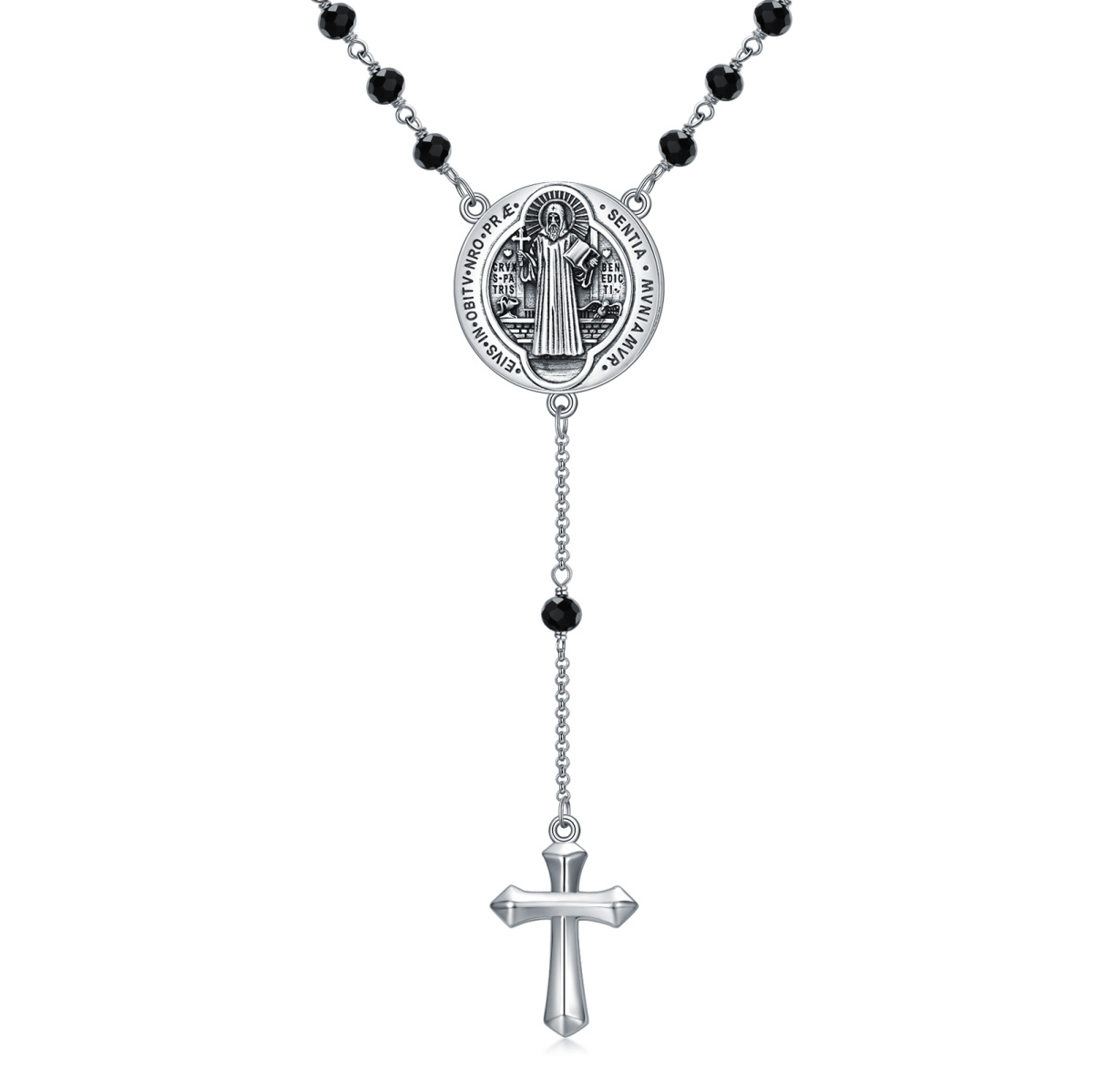 Sterling Silver Crystal Cross & Saint Benedict Non-adjustable Y-Necklace for Men-1