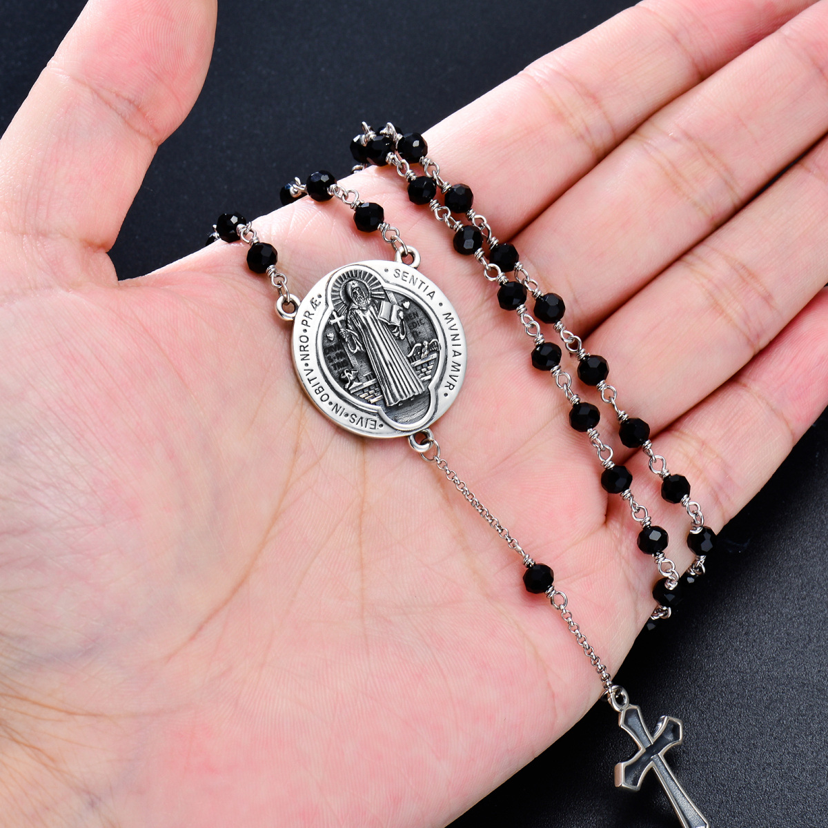 Sterling Silber Kristall Kreuz & Saint Benedict Nicht verstellbare Y-Halskette für Männer-3