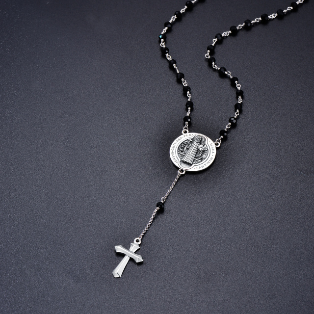 Sterling Silver Crystal Cross & Saint Benedict Non-adjustable Y-Necklace for Men-4