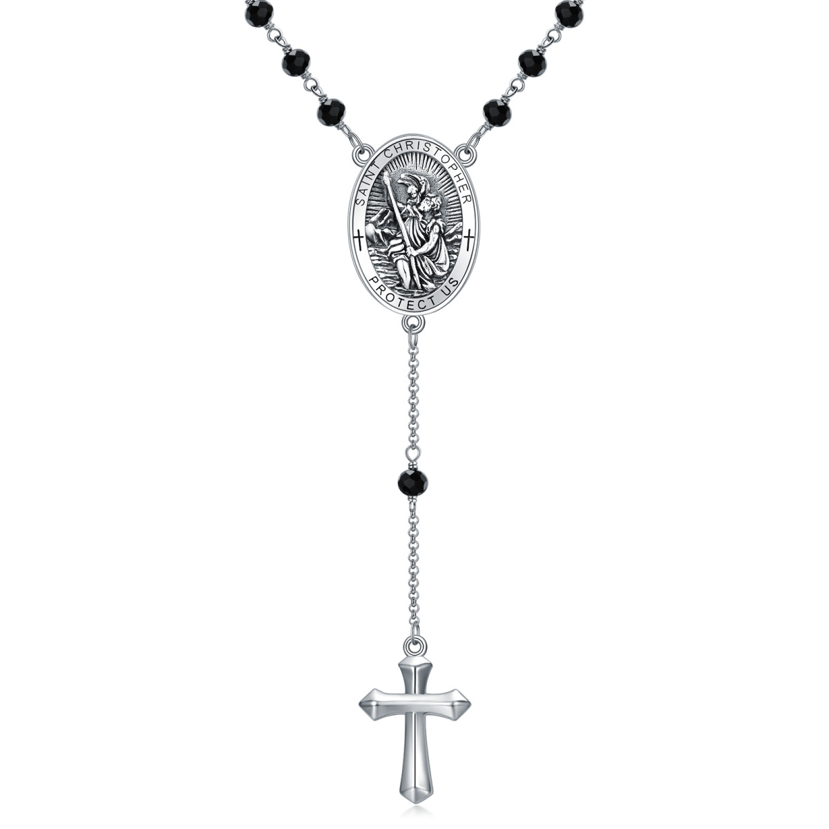 Sterling Silver Crystal Cross & Saint Christopher Non-adjustable Y-Necklace with Engraved Word for Men-1