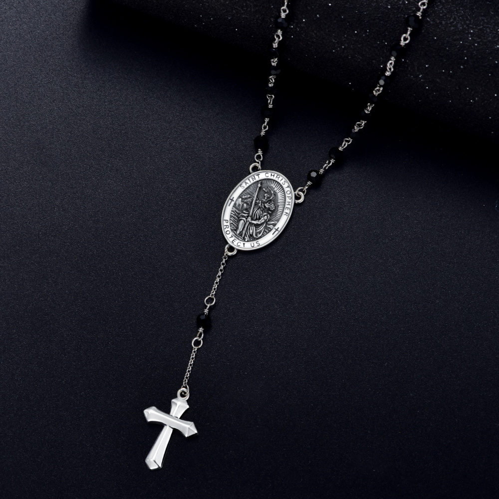 Cruz de prata esterlina de cristal e São Cristóvão Colar em Y não ajustável com palavra gr-4