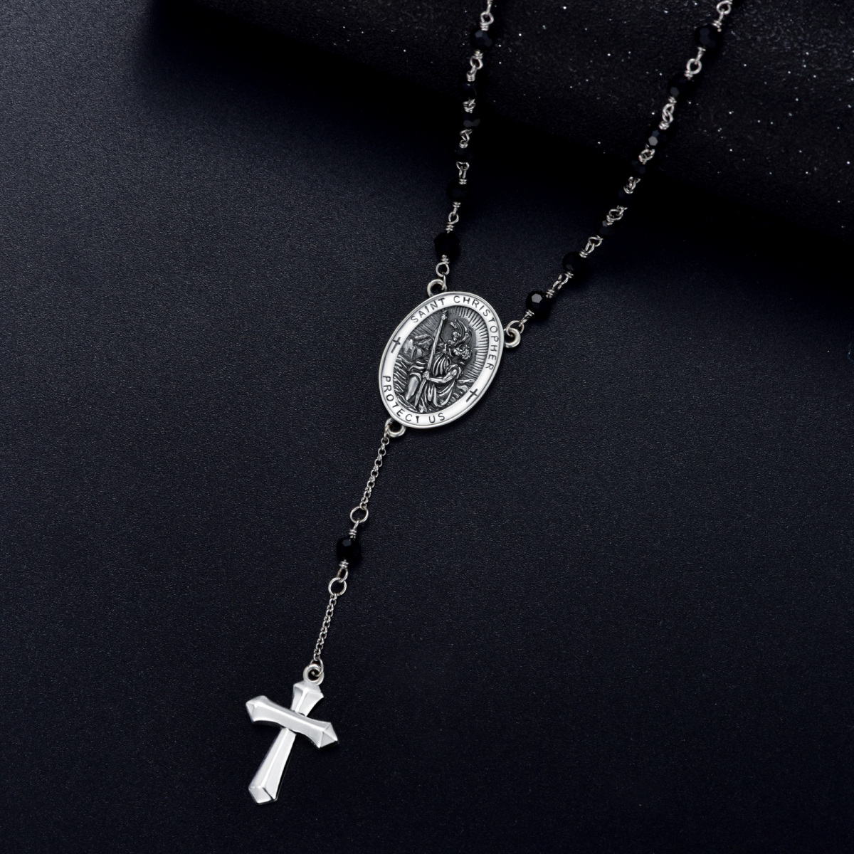 Sterling Silver Crystal Cross & Saint Christopher Non-adjustable Y-Necklace with Engraved Word for Men-4