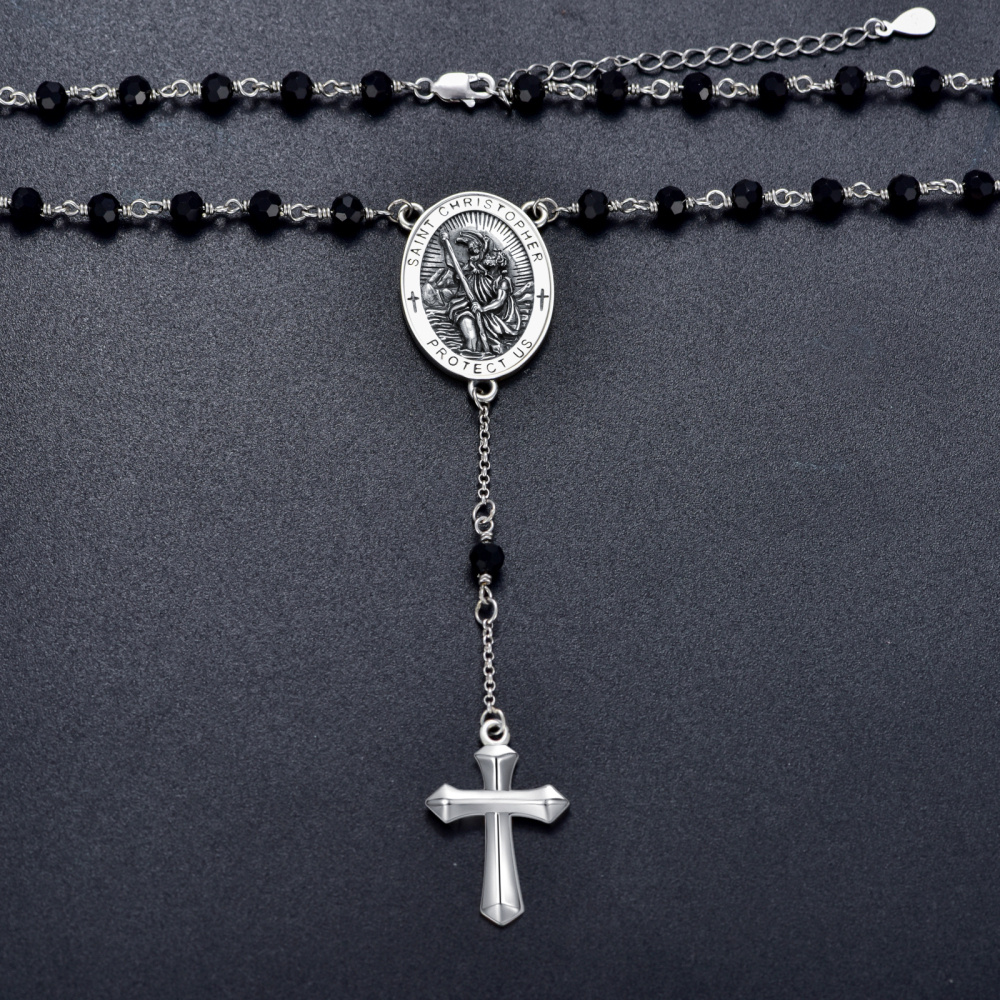 Cruz de prata esterlina de cristal e São Cristóvão Colar em Y não ajustável com palavra gr-5