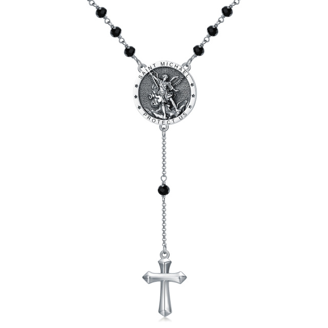 Sterling Silver Crystal Cross & Saint Michael Non-adjustable Y-Necklace with Engraved Word for Men-1