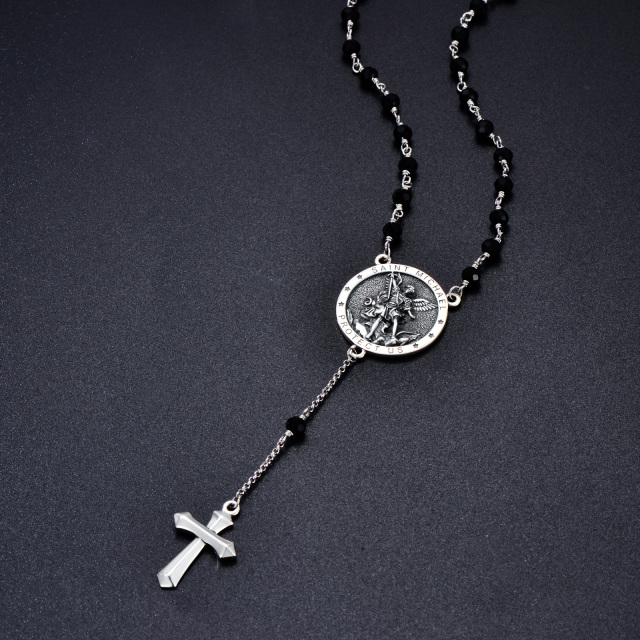 Sterling Silver Crystal Cross & Saint Michael Non-adjustable Y-Necklace with Engraved Word for Men-4