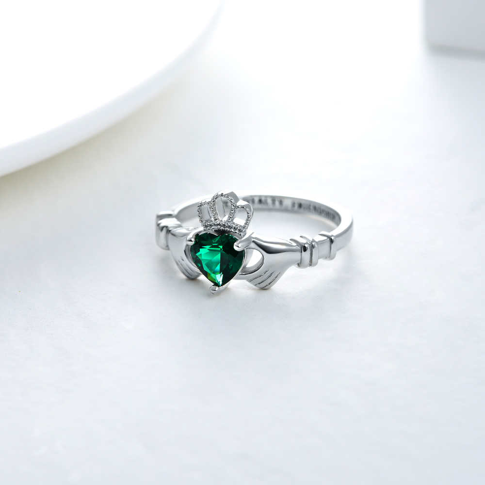 Sterling Silver Crystal Crown & Hug Ring with Engraved Word-4