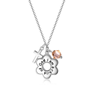 Sterling Silver Crystal Daisy & Cross Pendant Necklace with Engraved Word-60