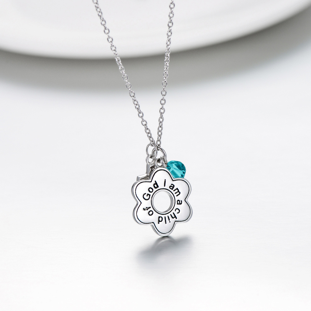 Collana con ciondolo a forma di margherita e croce in argento 925 con parola incisa-3