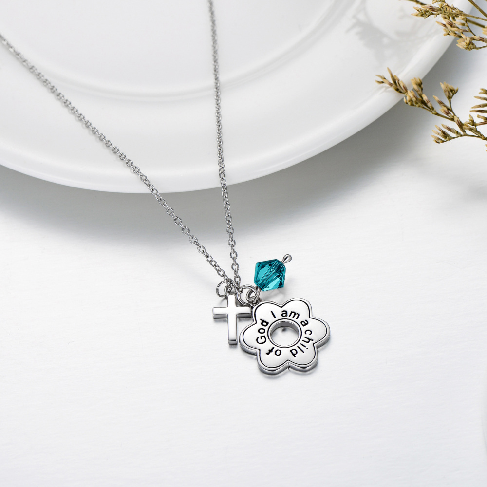 Collana con ciondolo a forma di margherita e croce in argento 925 con parola incisa-4
