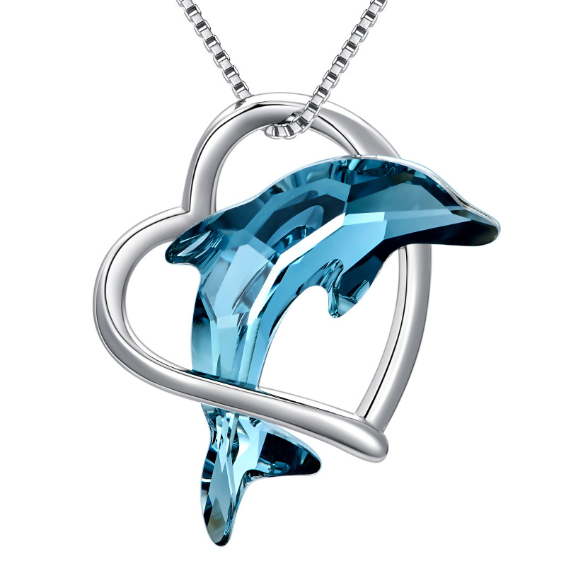 Sterling Silver Crystal Dolphin & Heart Pendant Necklace-10