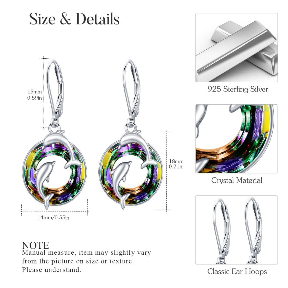 Sterling Silver Crystal Dolphin Lever-back Earrings for Women-5