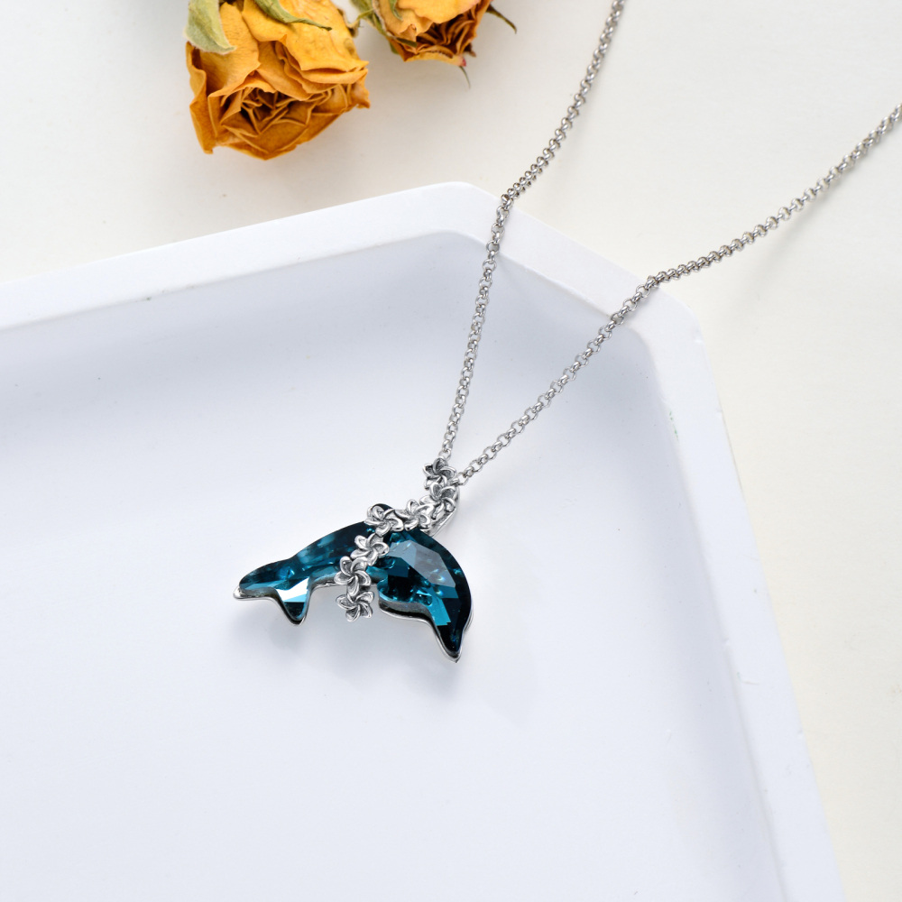 Sterling Silver Crystal Dolphin & Plumeria Pendant Necklace-4