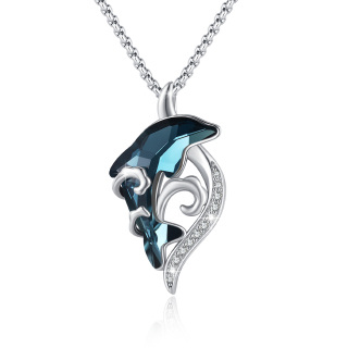 Sterling Silver Crystal Dolphin & Spray Pendant Necklace-2