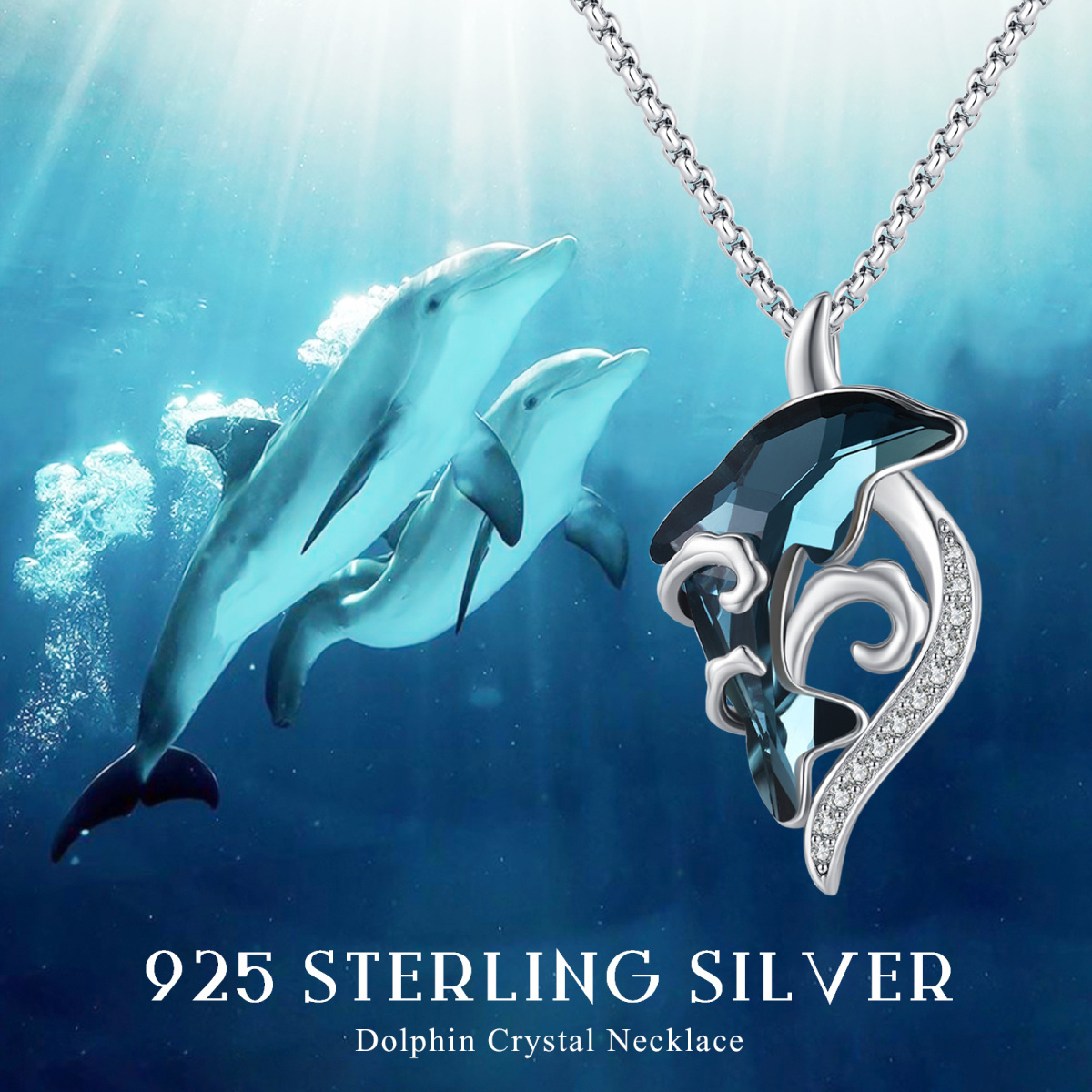 Sterling Silber Kristall Delphin & Spray Anhänger Halskette-5