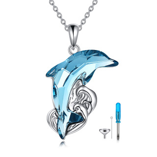 Sterling Silver Crystal Dolphin & Spray Urn Necklace for Ashes-3