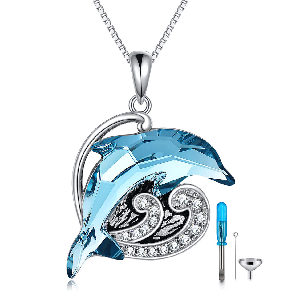 Sterling Silver Crystal Cubic Zirconia Dolphin Spray Urn Necklace For Ashes-1