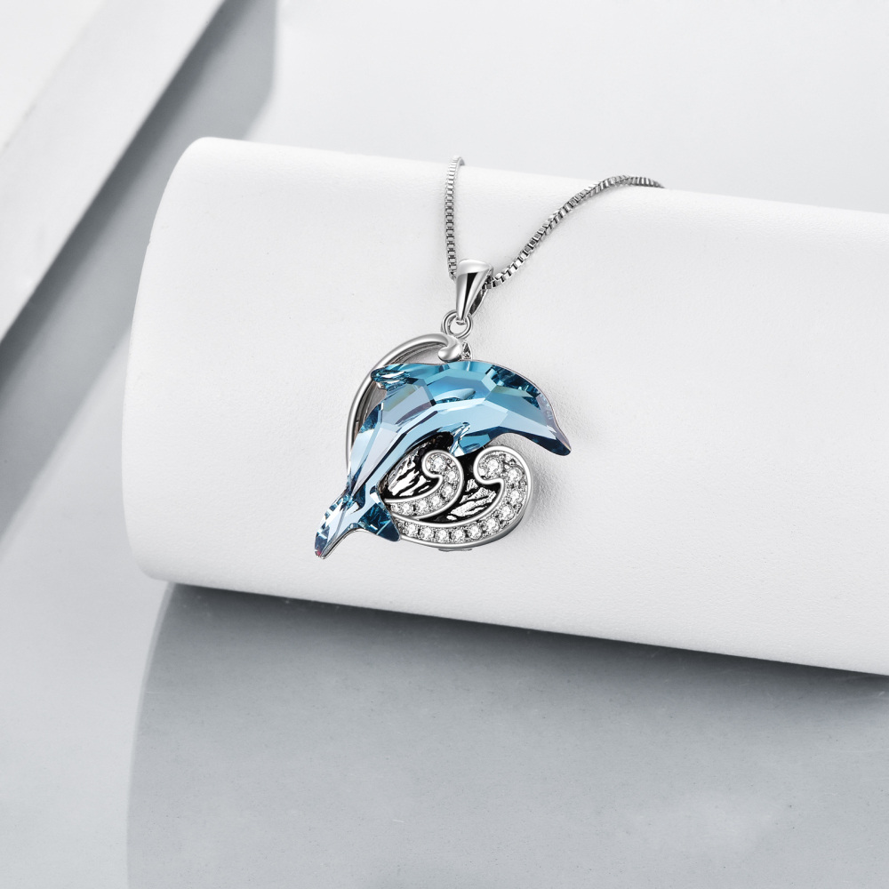 Sterling Silver Crystal Cubic Zirconia Dolphin Spray Urn Necklace For Ashes-3