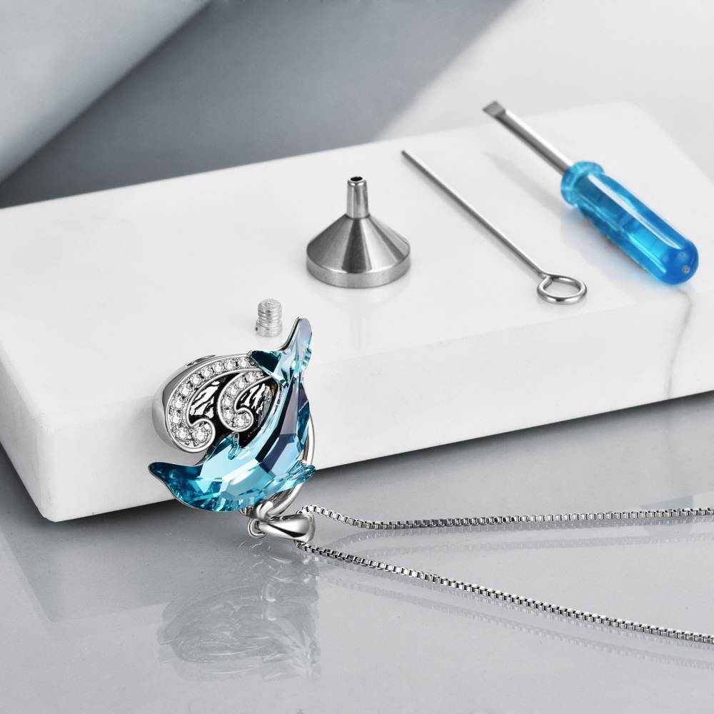 Sterling Silver Crystal Cubic Zirconia Dolphin Spray Urn Necklace For Ashes-4