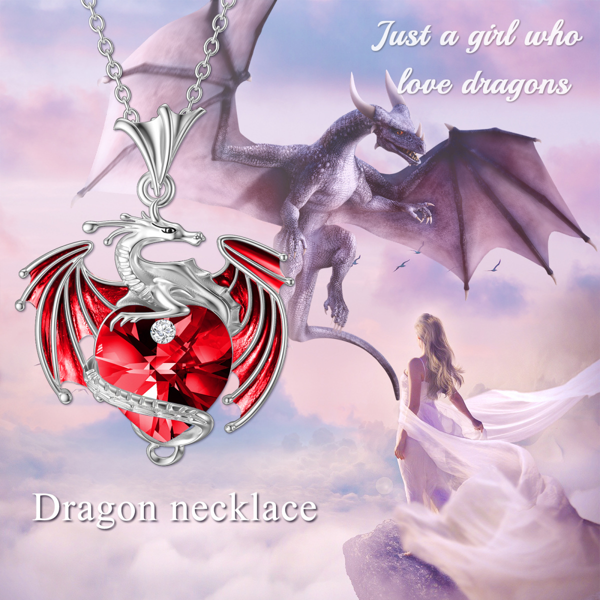 Sterling Silver Crystal Dragon & Heart Pendant Necklace-3