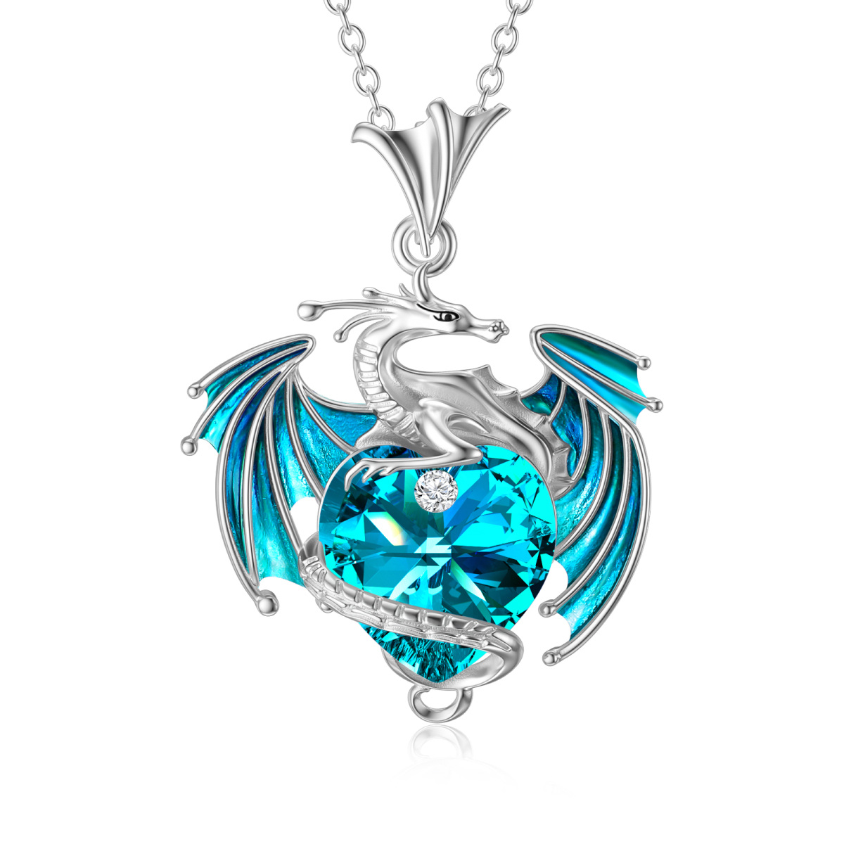 Sterling Silver Crystal Dragon & Heart Pendant Necklace-1