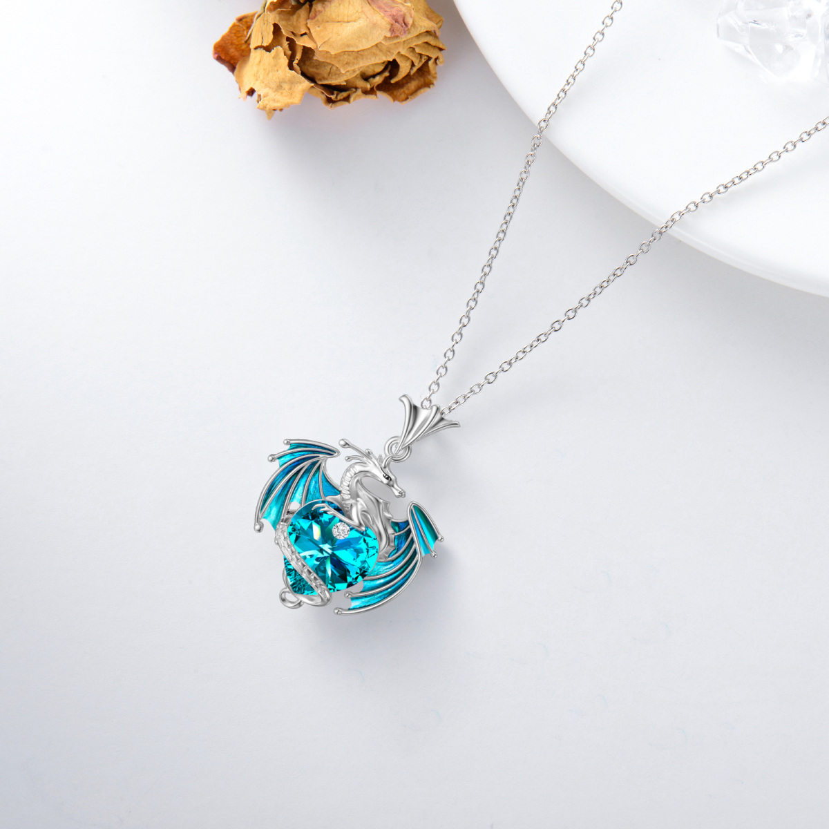 Sterling Silver Crystal Dragon & Heart Pendant Necklace-4