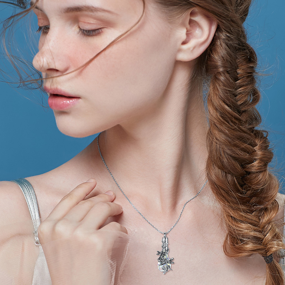 Sterling Silber Kristall Libelle & Efeu Urne Halskette für Asche-2