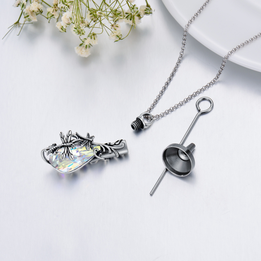 Sterling Silber Kristall Libelle & Efeu Urne Halskette für Asche-4