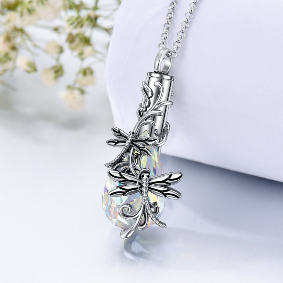 Sterling Silver Crystal Dragonfly & Ivy Urn Necklace for Ashes-5