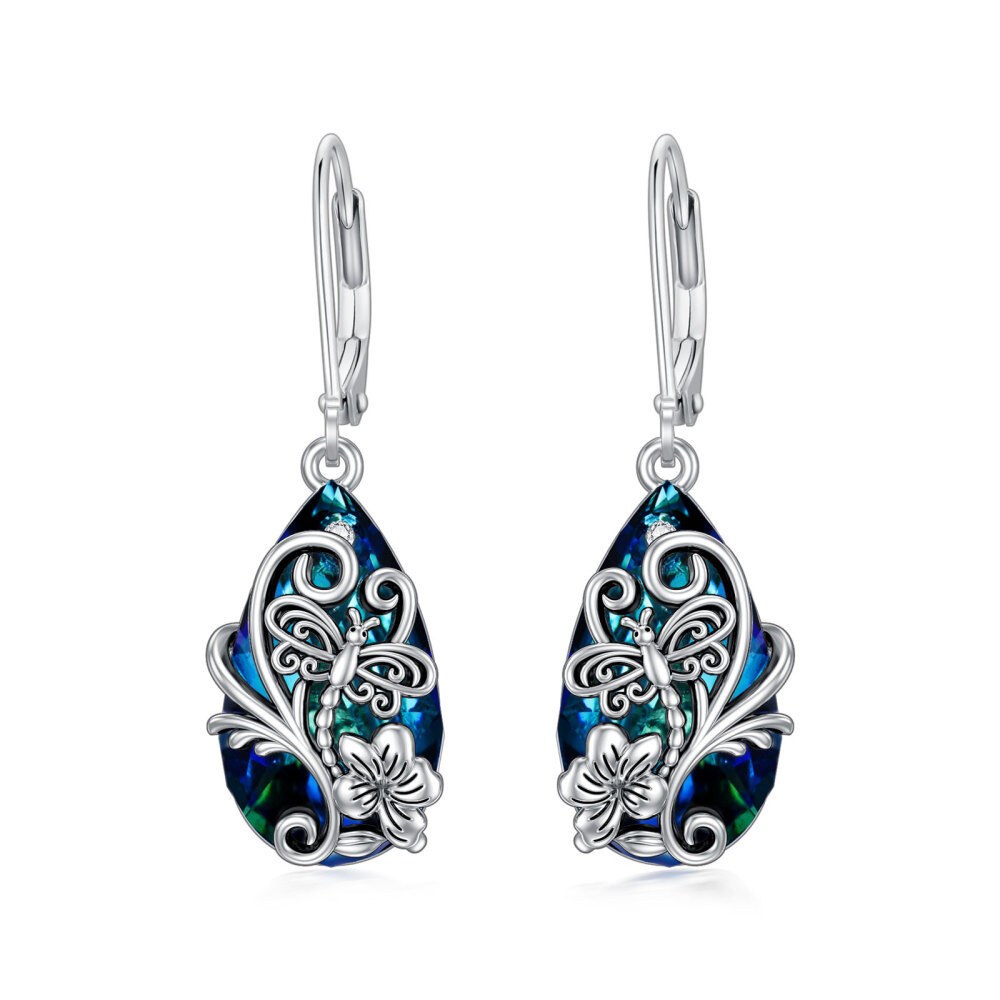 Pendientes Palanca Plata de Ley Cristal y Circonita Libélula-1