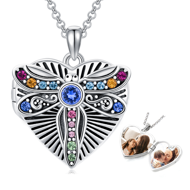 Sterling Silver Crystal Dragonfly & Personalized Photo & Heart Personalized Photo Locket Necklace with Engraved Word-1